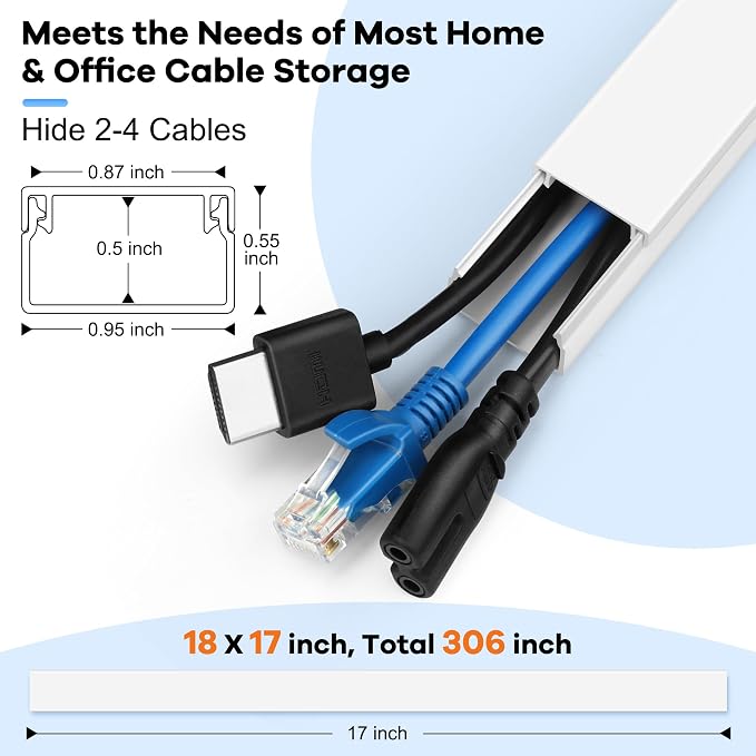 306in Cord Hider Kit, Cord Covers for Wires on Wall, Paintable Wire Cover for Cords, Cable Hider for Wall Mounted TV, White Cord Concealer, Cable Raceway Wire Management, 18x L17in x W0.95in x H0.55in