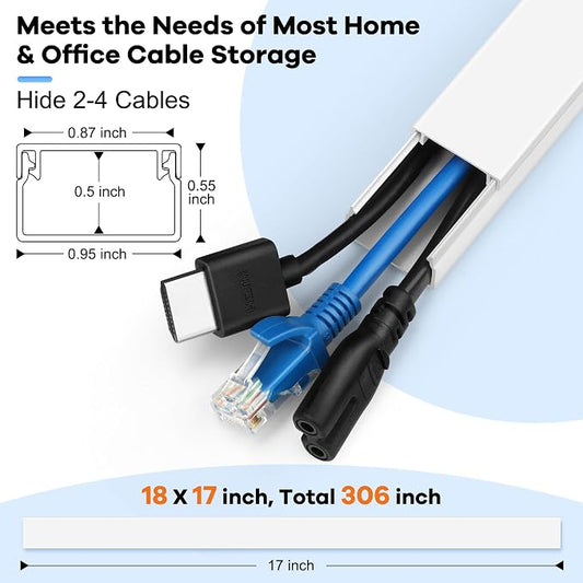 306in Cord Hider Kit, Cord Covers for Wires on Wall, Paintable Wire Cover for Cords, Cable Hider for Wall Mounted TV, White Cord Concealer, Cable Raceway Wire Management, 18x L17in x W0.95in x H0.55in