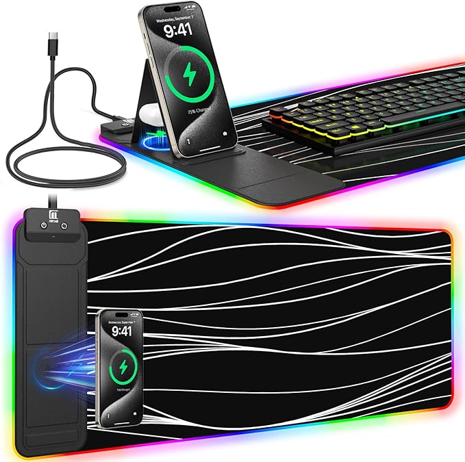 RGB Mouse Pad with Foldable Phone Stand Wireless Charger, 31.5"x11.8" XL Gaming Mousepad Large Desk Mat, Desk Pad with 11 Colors 5 Modes, Waterproof