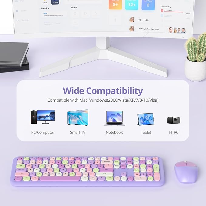 Surmen Cute Purple Keyboard and Mouse Wireless Silent, Full-Size Retro Typewriter Wireless Quiet Slim Colorful Keyboard Low-Noise 2.4GHz for Computer, Desktop, Laptop(6-Purple)