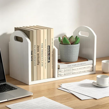 Wood Desktop Bookshelf, Upright Tabletop Book Shelf With Adjustable Divider Secure Books in Place, Desk Shelf for Top of Desk in Living Room Home Office, Perfect for Books Magazine File (White)