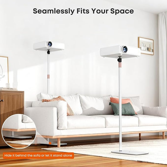 Universal Projector Stand – Height Adjustable Floor Stand with 360° Rotating Ball Head & 1/4" Screw, Heavy-Duty Base for Projectors, Cameras & Webcams – Blends with Warm Home Decor & White Devices