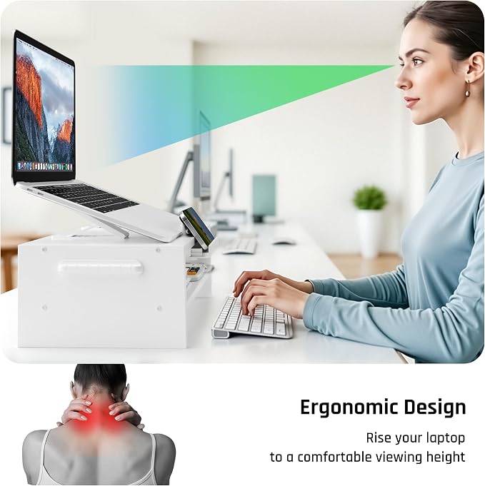 AFOOYO Adjustable Wood Laptop Stand, Ergonomic Height Angles Computer Holder Riser for Desk Compatible with Air, Pro, Dell, HP, Lenovo More 10-17.3" Laptops, White