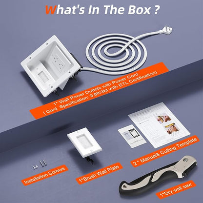 in Wall Cable Management Kit,TV Cable Hider Wall Kit with Brush Wall Plate and 9.8FT Cord,2 AC Outlets,Recessed Outlet Box for Wall Mount TV Home Theater Setups Cords Organizer