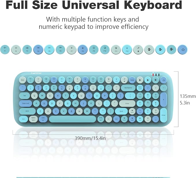 MOFII Wireless Bluetooth Keyboard, Typewriter Retro Round Keycaps Keyboard, Bluetooth 5.1 Tech Compatible with iPhone, iPad, Android, Windows, PC, Mac, Perfect for Home/Office (Blue Colorful)