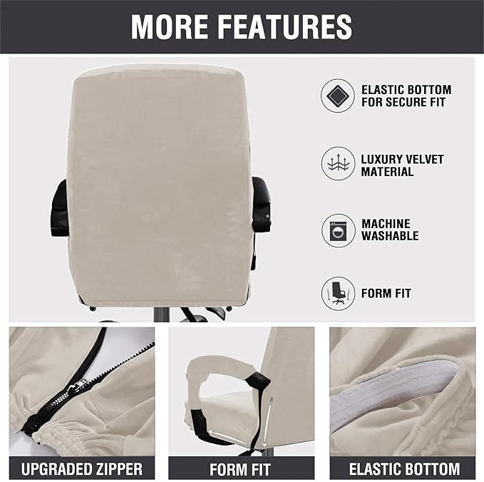 Velvet Plush Office Desk Computer Chair Cover for Executive, Beige, XL | Stretchable, Cat Proof with Wheels, Armrest Protector for Pets & Kids, Removable, For Ergonomic Mesh Computer Rolling Chair