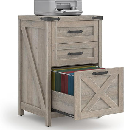 Halitaa 3 Drawer Small File Cabinet, Farmhouse Vertical Filing Cabinet Fits Letter and A4 Size, Under Desk Wooden File Cabinets for Home Office, Printer Stand, Rustic Grey