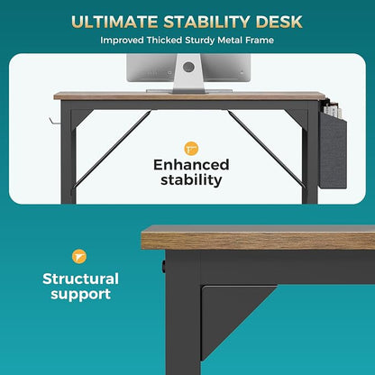 Sweetcrispy Small Computer Office Desk, 47" Student Study Writing Desk with Headphone Hooks & Storage Bag, Modern Simple PC Workstation for Home Bedroom, Brown