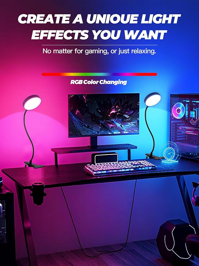 Clip on Light,10 RGB Colors+10 Brightness Clip on Desk Lamp with Clamp, 500 Lumen Bright 72 LED Desk Light, USB Adapter Reading Lights for Books in Bed/Headboard/Bedside Table/Bedroom/Dorm/Home Office