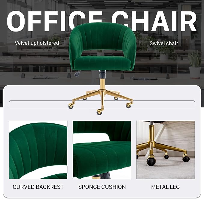 Home Office Chair Swivel Velvet Desk Chair Accent Armchair Upholstered Modern Tufted Chairs with Gold Base for Girls Women Ergonomic Study Seat Computer Task Stools for Living Room(Green)