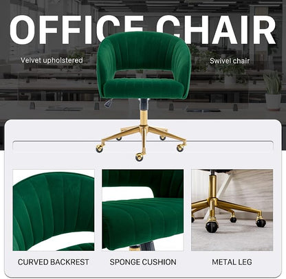 Home Office Chair Swivel Velvet Desk Chair Accent Armchair Upholstered Modern Tufted Chairs with Gold Base for Girls Women Ergonomic Study Seat Computer Task Stools for Living Room(Green)
