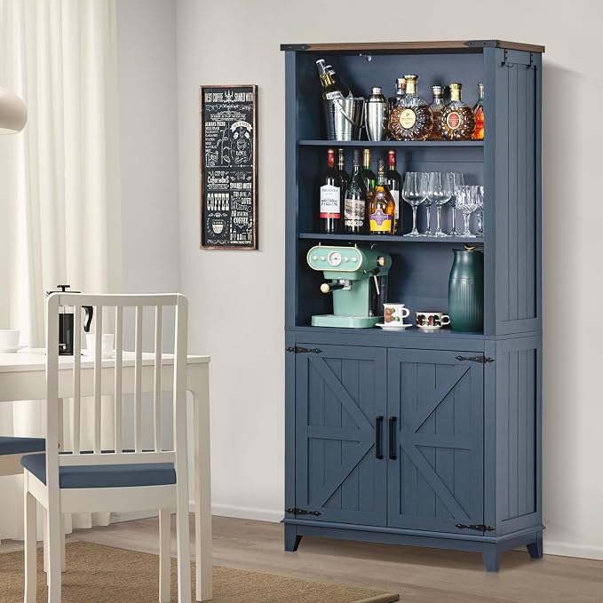 Joaxswe 5 Tier Bookshelf 70in Tall Bookcase with Barn Doors and Storage Cabinet, Blue Farmhouse Book Shelf with Adjustable Shelves, Wood Freestanding Display Bookshelves for Bedroom, Kitchen (3PCS)