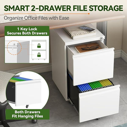 SAWJEC 2 Drawer Mobile File Cabinet with Lock, Fully Assembled Rolling Metal Filing Cabinet for Home Office, Vertical Locking File Cabinet with Wheels, Fits Letter/Legal/A4, White, 17"D x 15"W x 26"H