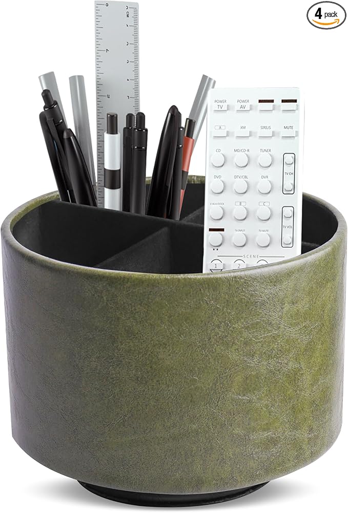 Round Leather Art Supply Organizer,Remote Control Holder,360 Degree Spinning,Multi-Functional Pencil Holder,4 Compartments Desktop Stationary Organizer(1-Oil Green)