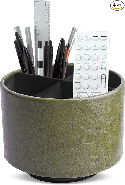 Round Leather Art Supply Organizer,Remote Control Holder,360 Degree Spinning,Multi-Functional Pencil Holder,4 Compartments Desktop Stationary Organizer(1-Oil Green)