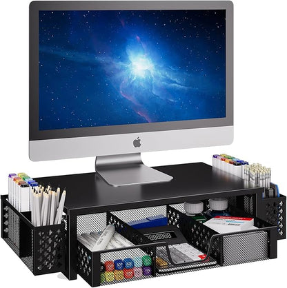 Simple Trending Metal Monitor Stand Riser, Drawer & 2 Pen Holders, Black | 2-in-1 Desk Organizer & Monitor Stand | Sturdy Metal | Drawer + Pen Holders | Ergonomic Support | Space Saving | Easy Setup