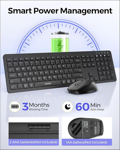 seenda Wireless Keyboard and Mouse Combo for Windows PC, Laptop, Mac, iPad, Bluetooth & 2.4G 3-Device Multi-Connection, Ultra Slim Full Size Quiet Keyboard, Adjustable DPI Mouse, Black