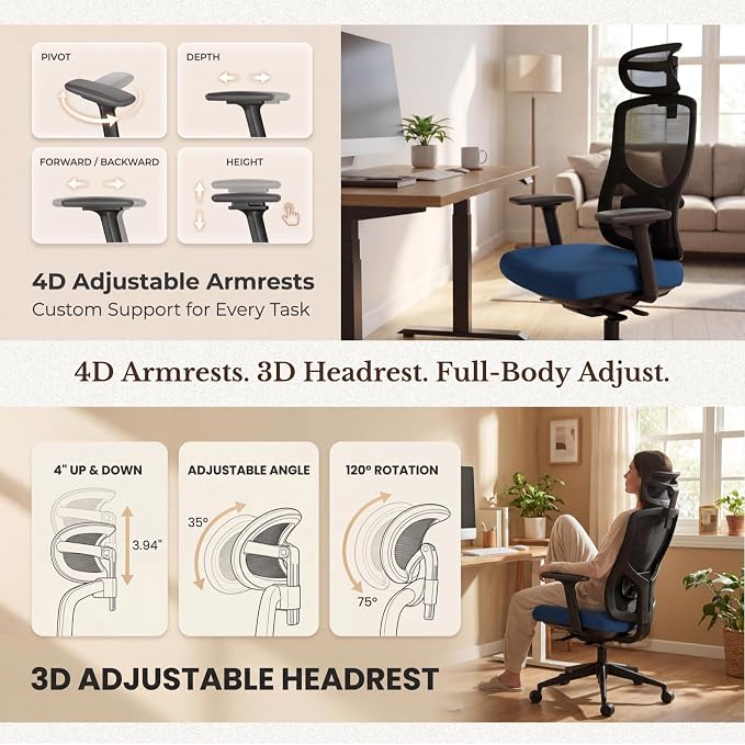 Ergonomic Office Chair with Breathable Mesh Back & Thick Cushion Seat, 4D Armrests, 3D Headrest, Adjustable Lumbar Support & Seat Depth, High Back Desk Chair with Tilt Lock (Blue)