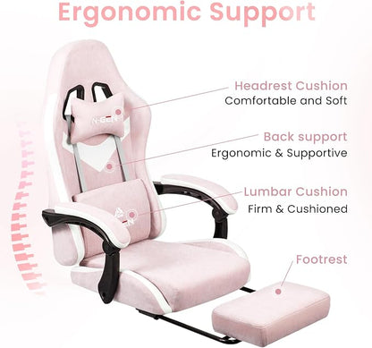 N-GEN GAMING Video Gaming Chair with Footrest Lumbar Support for Home Office High Back Recliner Height Adjustable Ergonomic Comfy Fabric Computer Desk Chair (Pink)