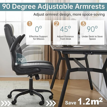 YFO Leather Office Chair, Ergonomic Home Office Desk Chair, Back Support Swivel Executive Office Chair with Wheels and Flip-Up Armrests, Small Gaming Chair with Adjustable Rocking Function, Grey