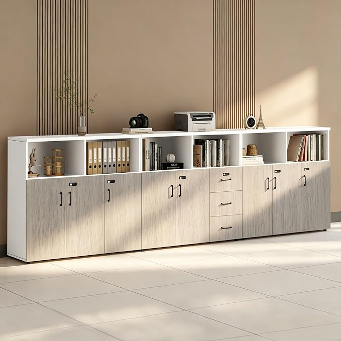 File Cabinet with Password Lock, Wood Lateral Filing Cabinet for Letter/A4 Files, 3 Drawer with Door, Printer Stand with Open Shelves for Home Office
