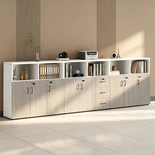 File Cabinet with Password Lock, Wood Lateral Filing Cabinet for Letter/A4 Files, 3 Drawer with Door, Printer Stand with Open Shelves for Home Office