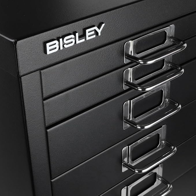 Bisley 8-Drawer Steel MultiDrawer Cabinet - Black | Chrome Pull Handles with Label Holders, Powder-Coated Steel, Removable Drawers, Fits Under Most Desks, Labels Included
