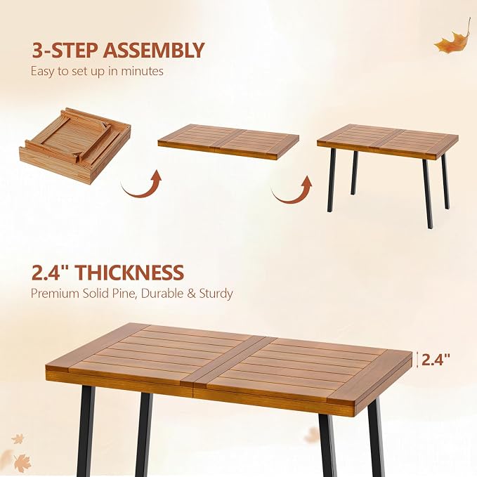 VINGLI 48 Inch Solid Wood Dining Table for 4-6, Walnut Rectangular Kitchen Table with Waterproof Tabletop for Indoor & Outdoor Use, Pine Wood Dinner Table for Patio, Dining Room, Kitchen, Apartment