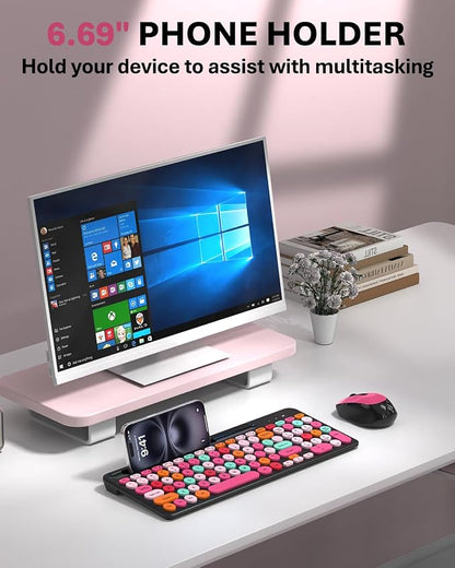 Colorful Wireless Keyboard and Mouse Combo - Round Keycaps, 2.4GHz Retro Typewriter Keyboard with Number Pad, Cute Compact USB Keyboard and Mouse for Computer PC Desktop Laptop (Pink & Black Colorful)