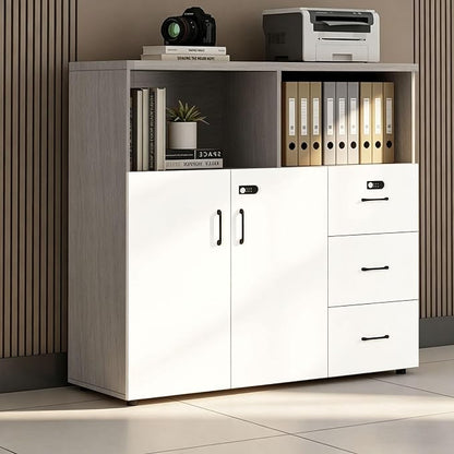 File Cabinet with Password Lock, Wood Lateral Filing Cabinet for Letter/A4 Files, 3 Drawer with Door, Printer Stand with Open Shelves for Home Office