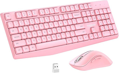 memzuoix Wireless Keyboard and Mouse Combo, 2.4G Full-Size Ergonomic Set with 1400 DPI Mouse, Lag-Free USB Receiver, 6-Month Battery Life for PC/Laptop/Windows/Mac (Pink)