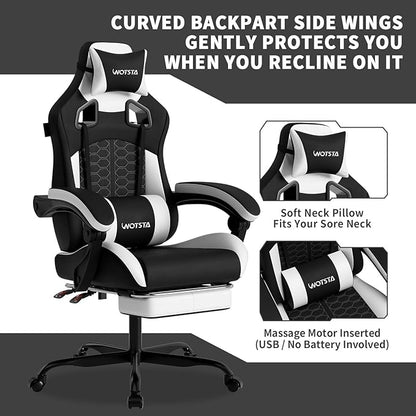 Gaming Chair with Massage,Ergonomic PC Gaming Chair with Footrest Comfortable Headrest and Lumbar Support,High Back PVC Leather,300LBS (Black White)