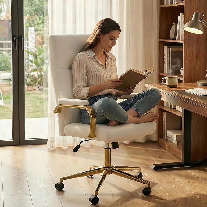 White and Gold Office Desk Chair Memory Foam, High Back Leather Executive Office Chair with Wheels and Arms for Women Girls Teens Adults