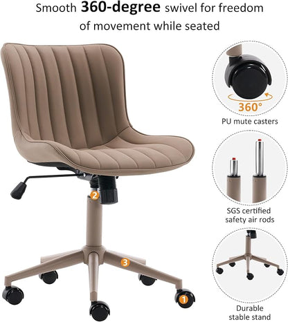 YOUNIKE Home Office Desk Chair with Wheels Armless Vanity Chair with Back Comfy Modern Leather Upholstered Rolling Task Chair Swivel Small Cute Sewing Chair No Arms Wide Adjustable Ergonomic All Khaki