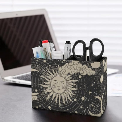 Niapessel Pencil Holder for Desk, Abstruse Astrology Sun Moon Pen Holder Storage Desktop Pen Organizer Desk Pencil Organizer Makeup Brush Holder for Office School College Leather