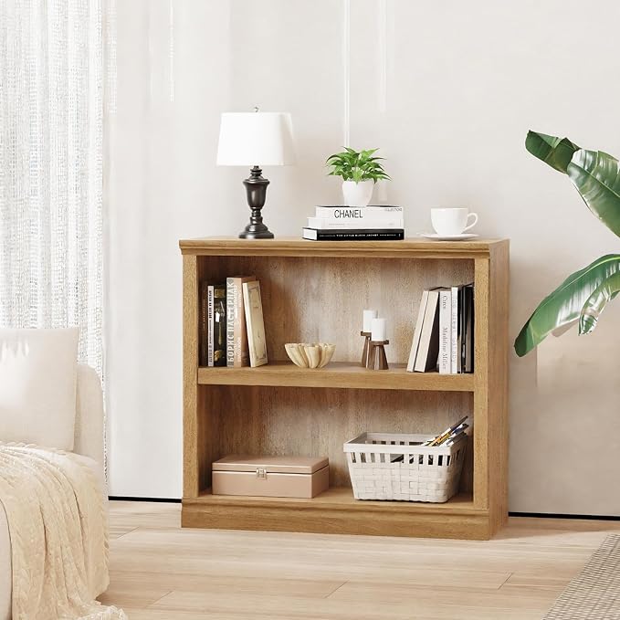 blini 2-Shelf Bookcase Wooden Bookshelves 33in Wide Floor Standing Display Storage Shelves Mahogany Bookcase for Home Office, Living Room, Bed Room