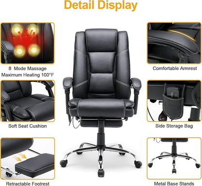 HOMREST 4-Point Massage Executive Office Chair with Footrest,Heated Reclining Chair with Lumbar Back Support,Ergonomic Desk Chair with Armrest, Computer Desk Chair for Home Office(Black)