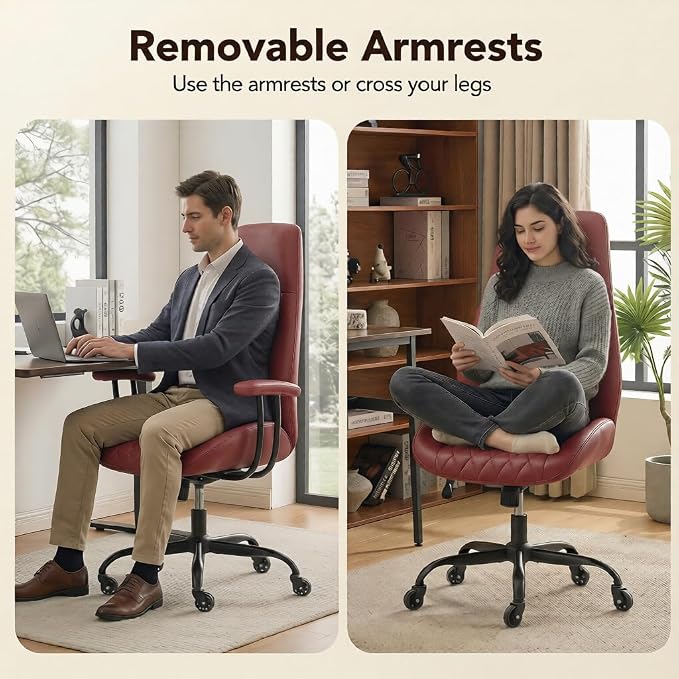 Office Chair with Rubber Wheels, Ergonomic Computer Chair 500 lbs, Leather Desk Chair with Lumbar Support, Executive Chair Adjustable Height & Recline, Red | Ergonomic, Lumbar Support, 360° Swivel & Rolling Wheels, Adjustable Height, for Adults & Women