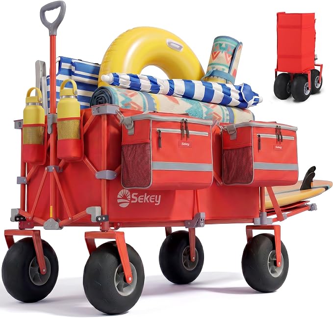 Sekey Heavy Duty Beach Wagon with 9" Big Sand-Proof Wheels, 300L Oversized Foldable Beach Cart with Cooler| Adjustable Handle & Balloon Tires for Sand, Camping,Vacation