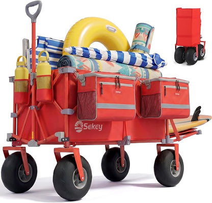 Sekey Heavy Duty Beach Wagon with 9" Big Sand-Proof Wheels, 300L Oversized Foldable Beach Cart with Cooler| Adjustable Handle & Balloon Tires for Sand, Camping,Vacation