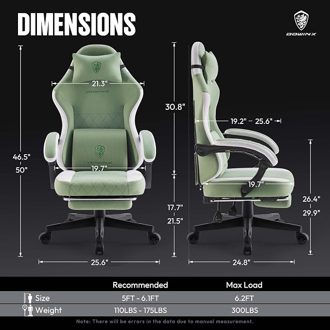 Dowinx Gaming Chair Fabric with Pocket Spring Cushion, High Back Ergonomic Computer Chair with Footrest for Adults, Massage Lumbar Support Swivel Game Chair for Office Gaming 300LBS, Green