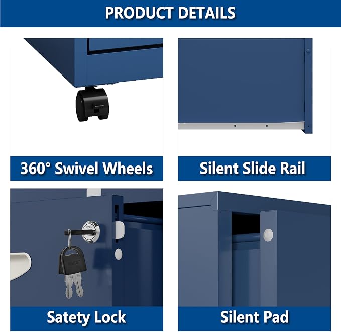 Polup 2 Drawer File Cabinet with Lock, Small Rolling Filing Cabinet for Home Office, Metal Mobile File Cabinets on Wheels, Blue Office Cabinets for Letter Size Folders - Assembly Required