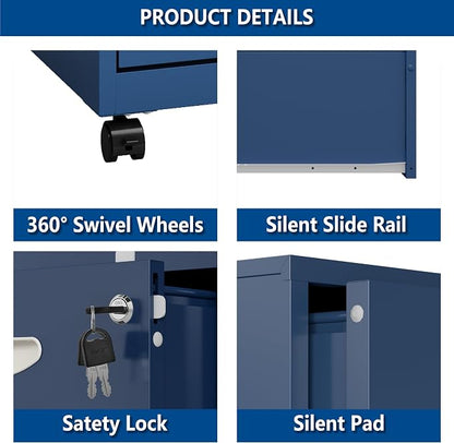Polup 2 Drawer File Cabinet with Lock, Small Rolling Filing Cabinet for Home Office, Metal Mobile File Cabinets on Wheels, Blue Office Cabinets for Letter Size Folders - Assembly Required