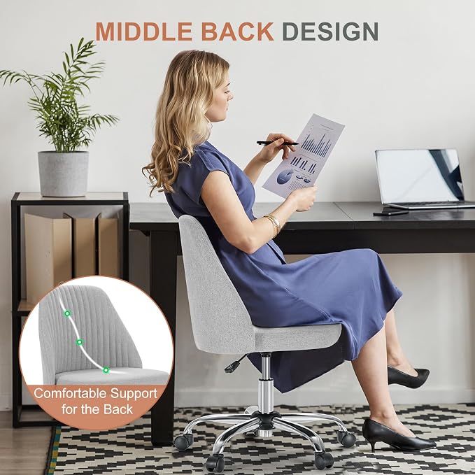 Sweetcrispy Armless Vanity Chair, Cute Comfy Home Office Desk Chair with Wheels, Modern Upholstered Task Computer Seat for Bedroom, Study, Makeup Vanity, Height Adjustable & Swivel, Classic Gray