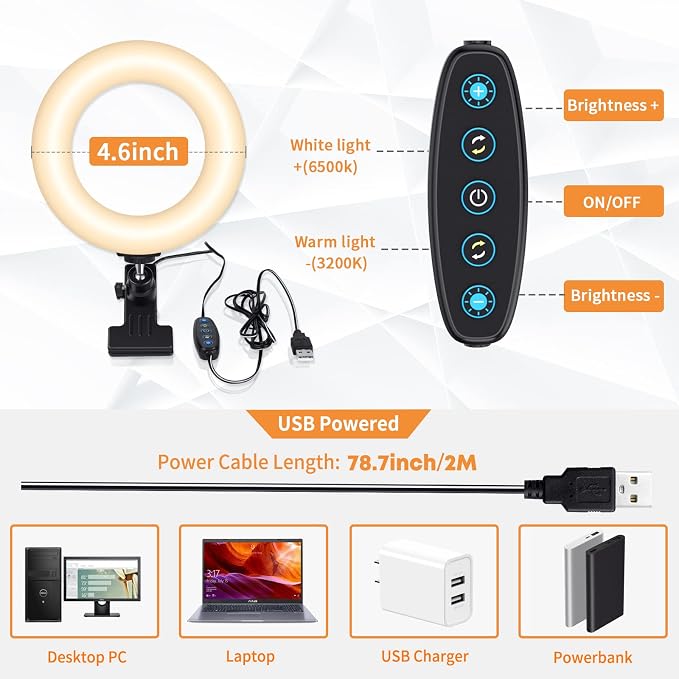 Video Conference Lighting Kit, Ring Light Clip on Laptop Monitor with 5 Dimmable Color & 5 Brightness Level for Webcam Lighting/Zoom Lighting/Remote Working/Self Broadcasting and Live Streaming, etc.