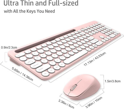 LeadsaiL Pink Wireless Keyboard and Mouse Combo, Full-Sized Ergonomic Computer Keyboard with Phone Tablet Holder, 2.4GHz Silent Cordless Keyboard Mouse Set for Windows Laptop, PC, Desktop