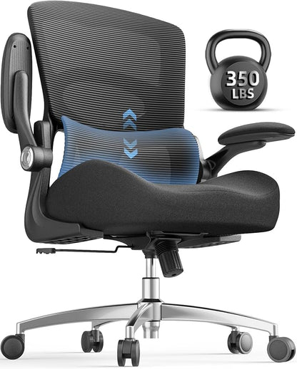 Ergonomic Office Chair - Adjustable Lumbar Support | 350lbs Big & Tall Heavy Duty Mesh Comfy Chair with Flip-Up Arms Gaming Chairs for Adult Home and Business