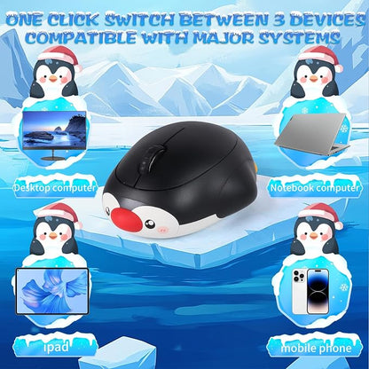 Cute Penguin Bluetooth Wireless Mouse -Rechargeable,Dual Mode Connection, Silent Scroll Wheel, 1600 DPI - Perfect for Laptops, PCs, and Tablets (Black)