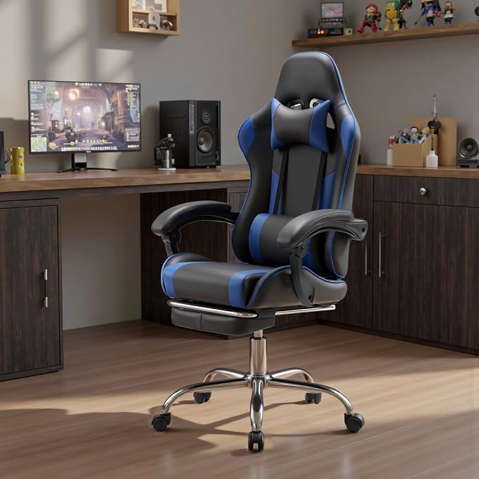 NEWBULIG Gaming Chair with Footrest – Ergonomic High-Back with Lumbar & Headrest Support, Comfy PU Leather Recliner with Linkage Armrests, Adjustable Height, 360° Swivel, Blue