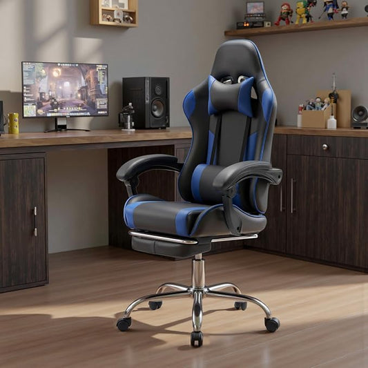 NEWBULIG Gaming Chair with Footrest – Ergonomic High-Back with Lumbar & Headrest Support, Comfy PU Leather Recliner with Linkage Armrests, Adjustable Height, 360° Swivel, Blue